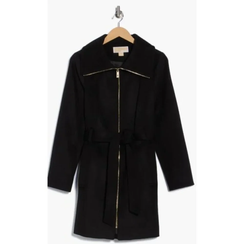 Michael Kors Womens Black Full Zip Wool Blend Belted Mid Legnth Coat Sz XL New